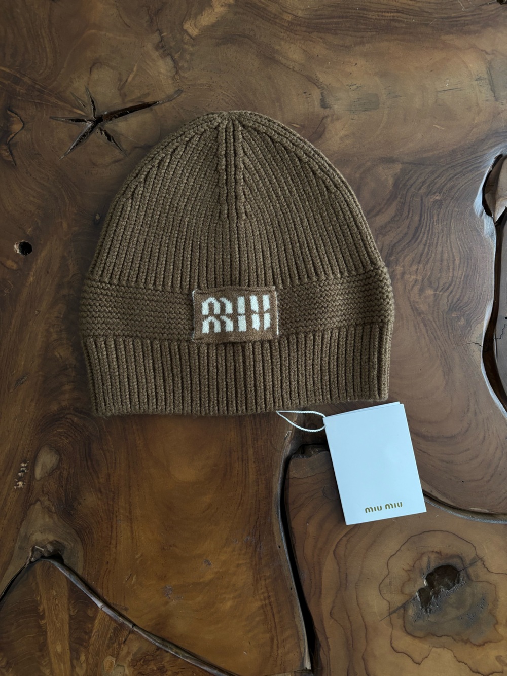 Miu Miu Brown Ribbed Knit Beanie with Logo Patch